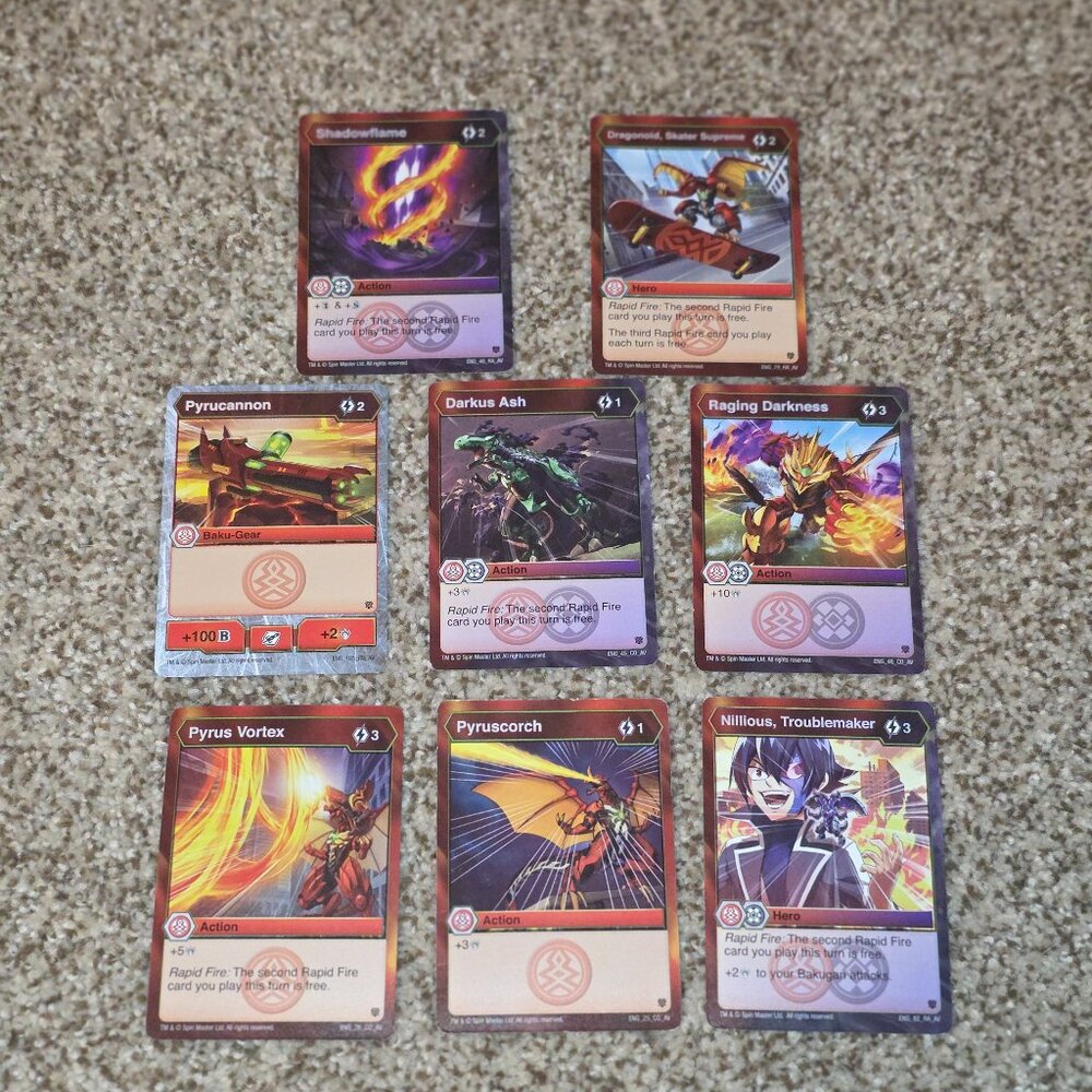 Bakugan Cards lot of 8 - Dragonoid Skater Figure, Shadowflame, Troublemaker